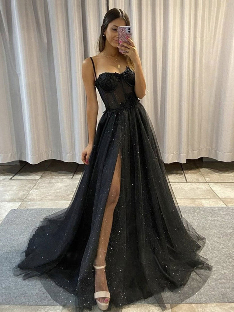 Shiny Black Lace Prom Dresses, Black ...